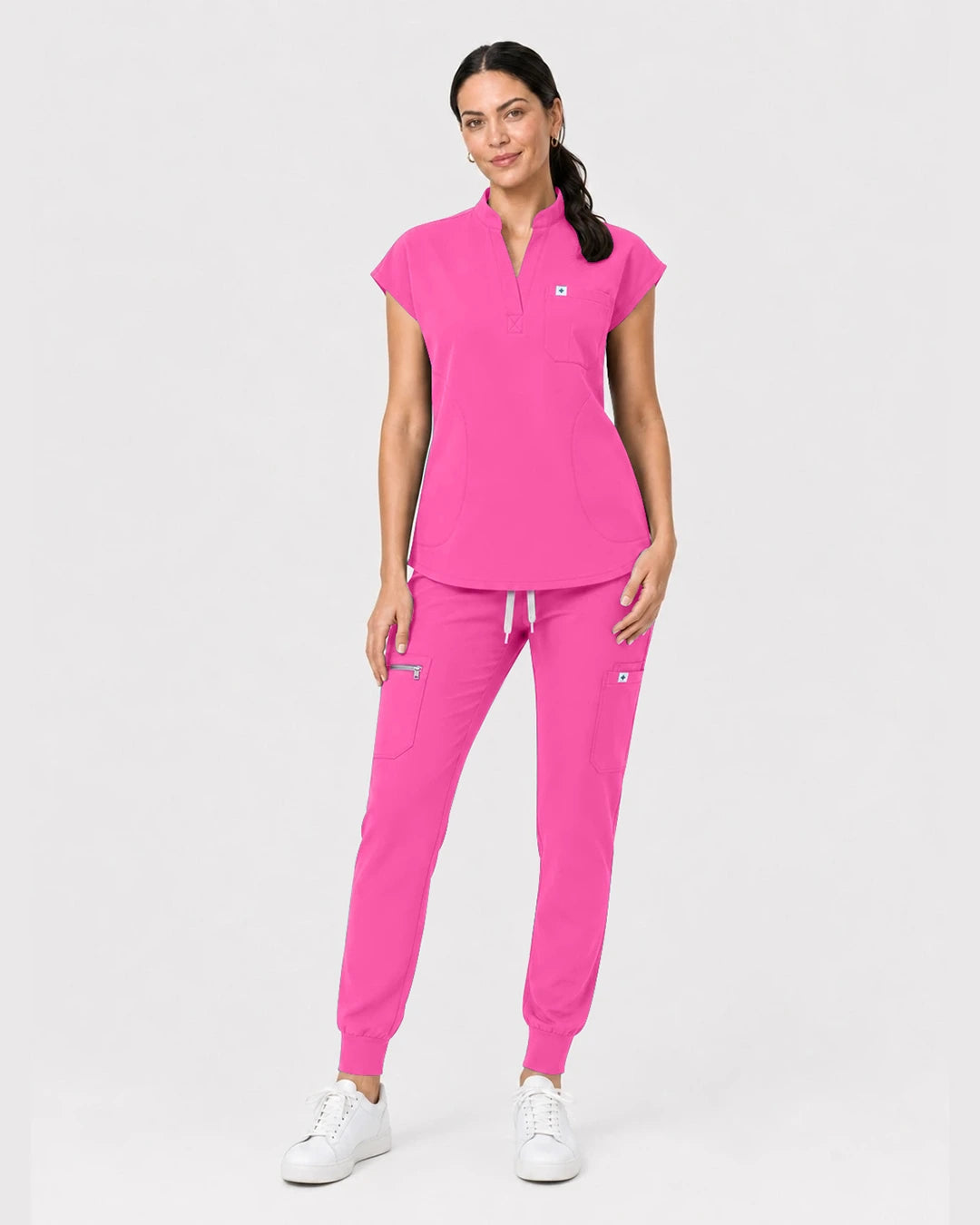 Hot Pink Eipnare Women's Henley Sleeveless Jogger Scrub Set - Stretch Medical Scrubs for Women