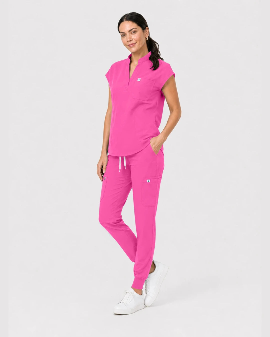 Hot Pink Eipnare Women's Henley Sleeveless Jogger Scrub Set - Stretch Medical Scrubs for Women