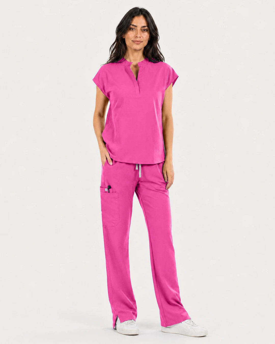 Hot Pink Eipnare Women's Mandarin Sleeveless Straight-Leg Scrub Set - Stretch Medical Scrubs for Women