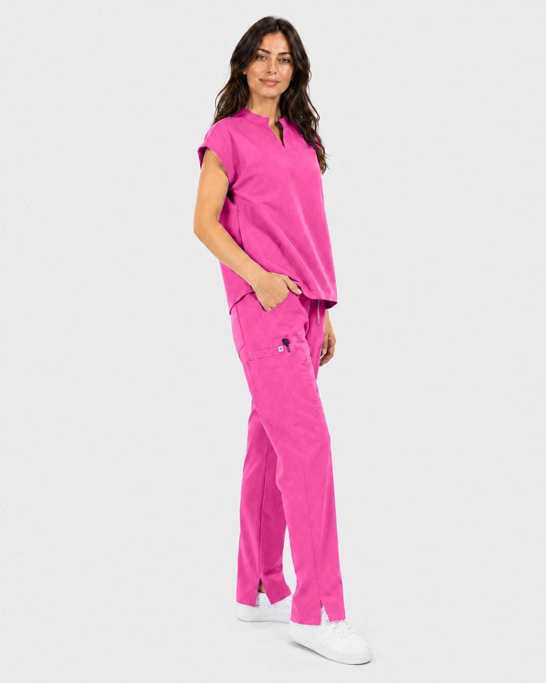 Hot Pink Eipnare Women's Mandarin Sleeveless Straight-Leg Scrub Set - Stretch Medical Scrubs for Women