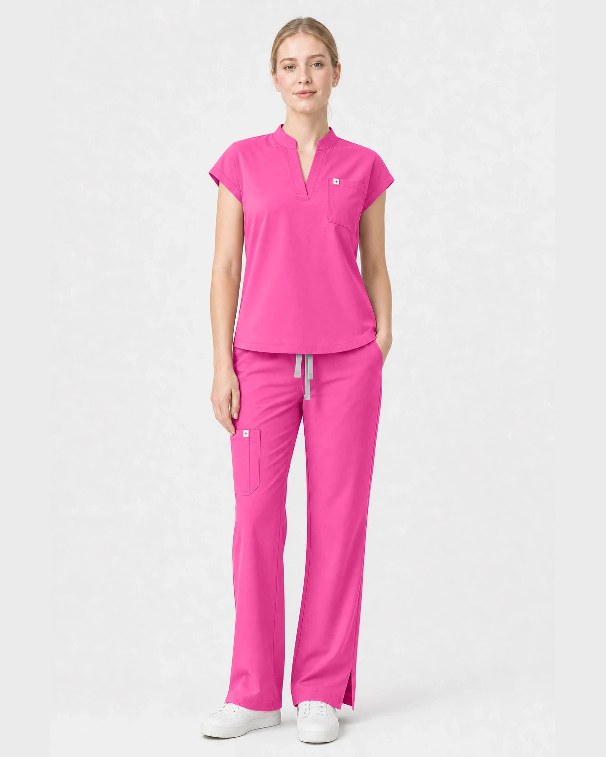 Hot Pink Eipnare Women's Henley Sleeveless Straight-Leg Scrub Set - Stretch Medical Scrubs for Women