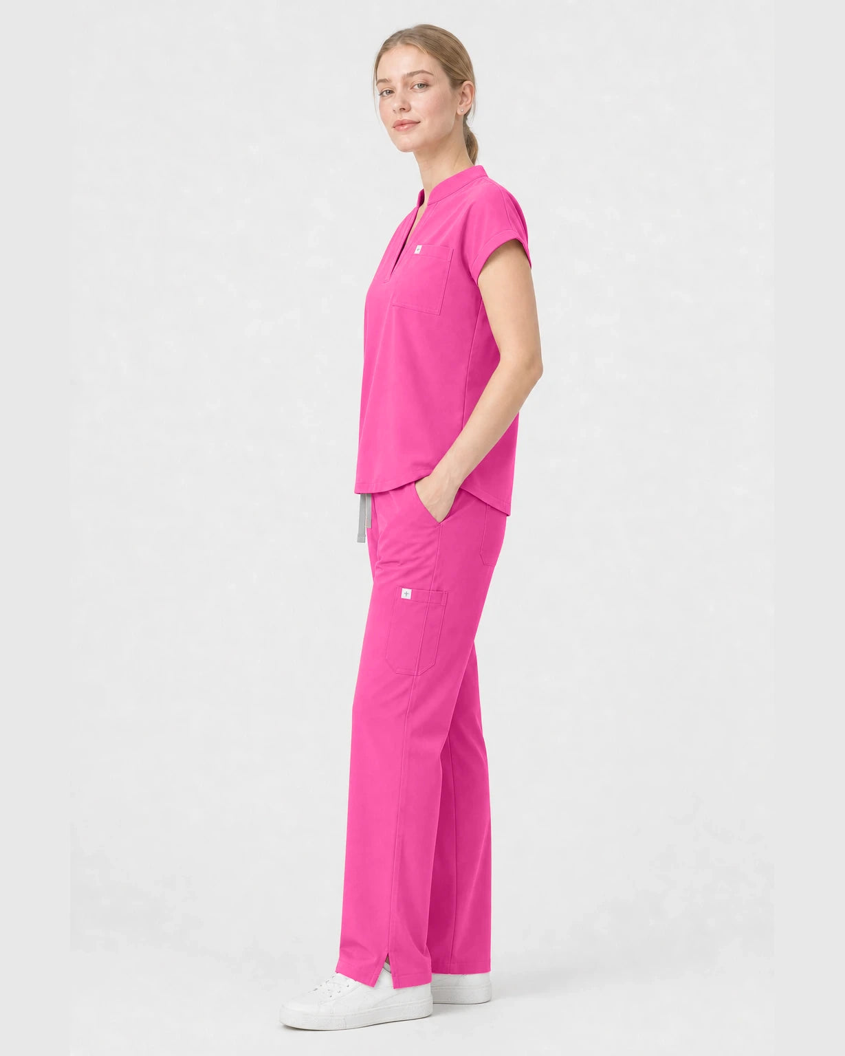 Hot Pink Eipnare Women's Henley Sleeveless Straight-Leg Scrub Set - Stretch Medical Scrubs for Women
