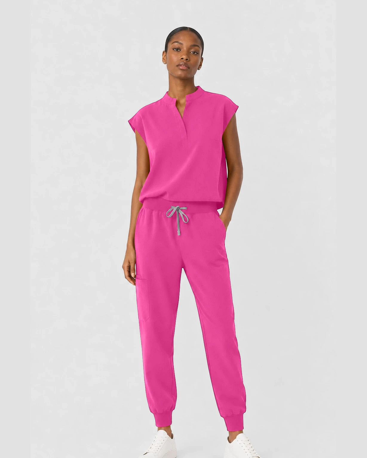 Hot Pink Eipnare Women's Sleeveless Mandarin Collar Jogger Scrub Set - Stretch Medical Scrubs for Women