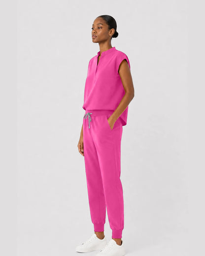 Hot Pink Eipnare Women's Sleeveless Mandarin Collar Jogger Scrub Set - Stretch Medical Scrubs for Women