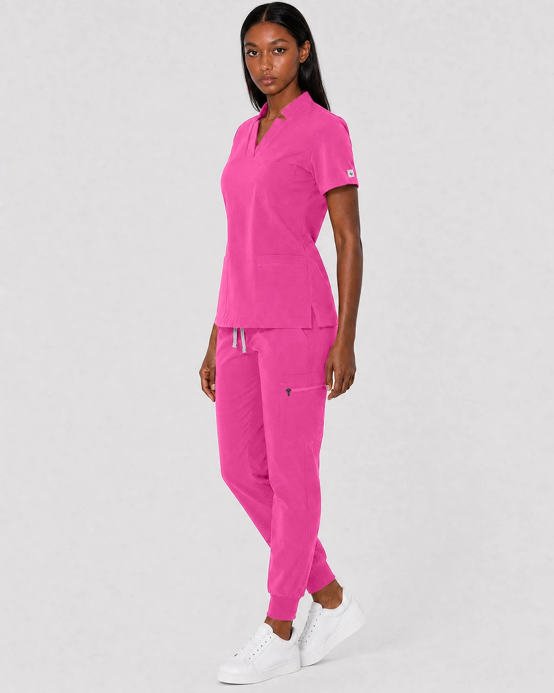 Hot Pink Eipnare Women's Split V-Neck Cargo Jogger Scrub Set - Stretch Medical Scrubs for Women