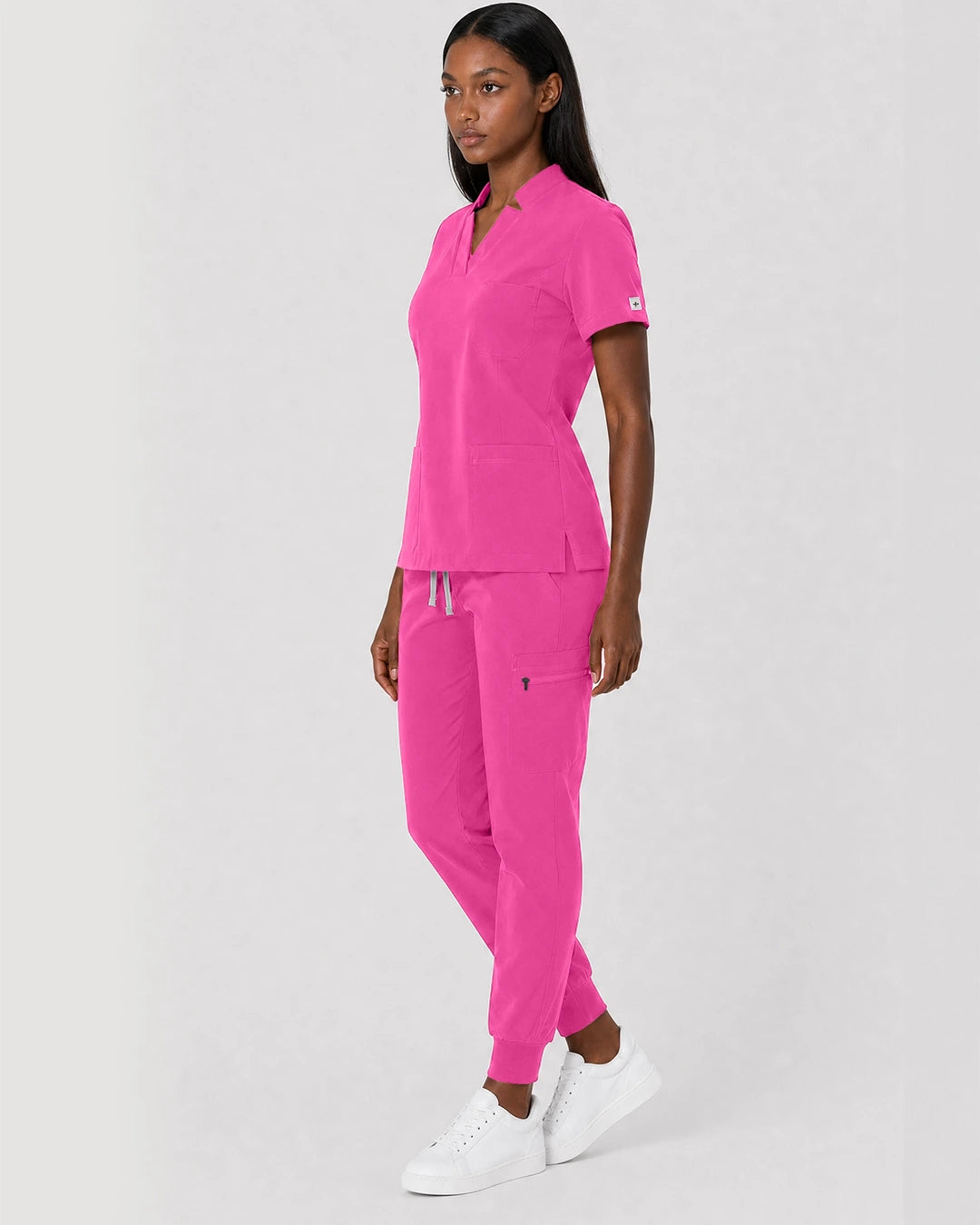 Hot Pink Eipnare Women's Split V-Neck Cargo Jogger Scrub Set - Stretch Medical Scrubs for Women