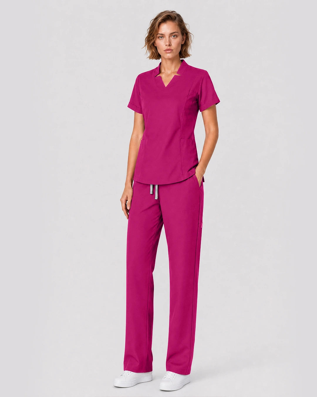 Hot Pink Eipnare Women's Split V-Neck Tapered Scrub Set - Stretch Medical Scrubs for Women