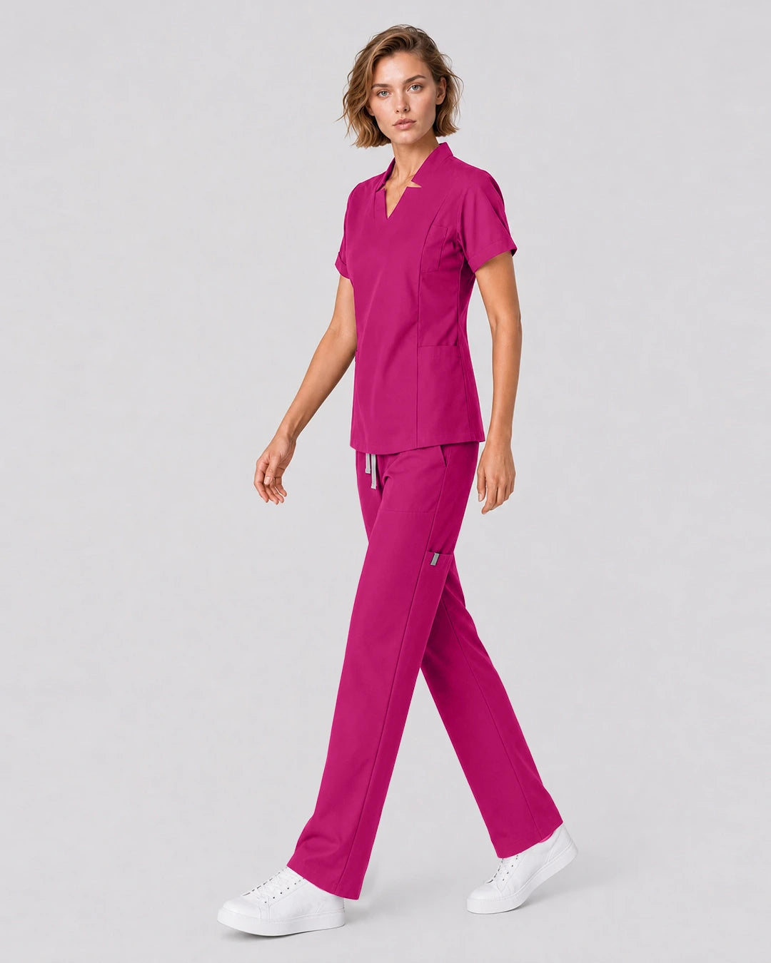 Hot Pink Eipnare Women's Split V-Neck Tapered Scrub Set - Stretch Medical Scrubs for Women