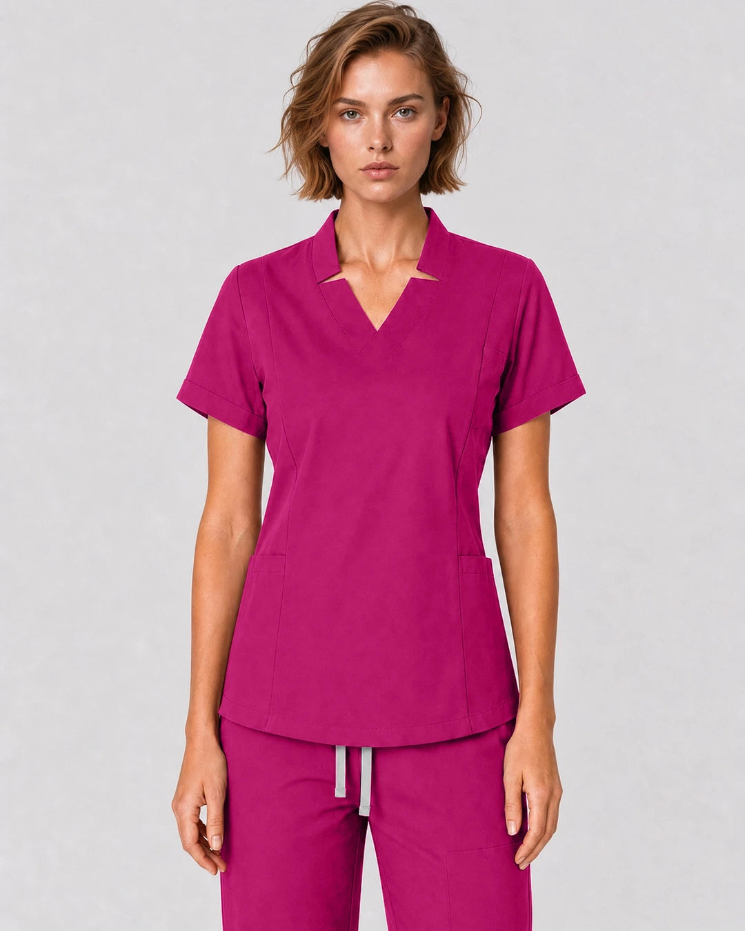 Hot Pink Eipnare Women's Split V-Neck Tapered Scrub Set - Stretch Medical Scrubs for Women