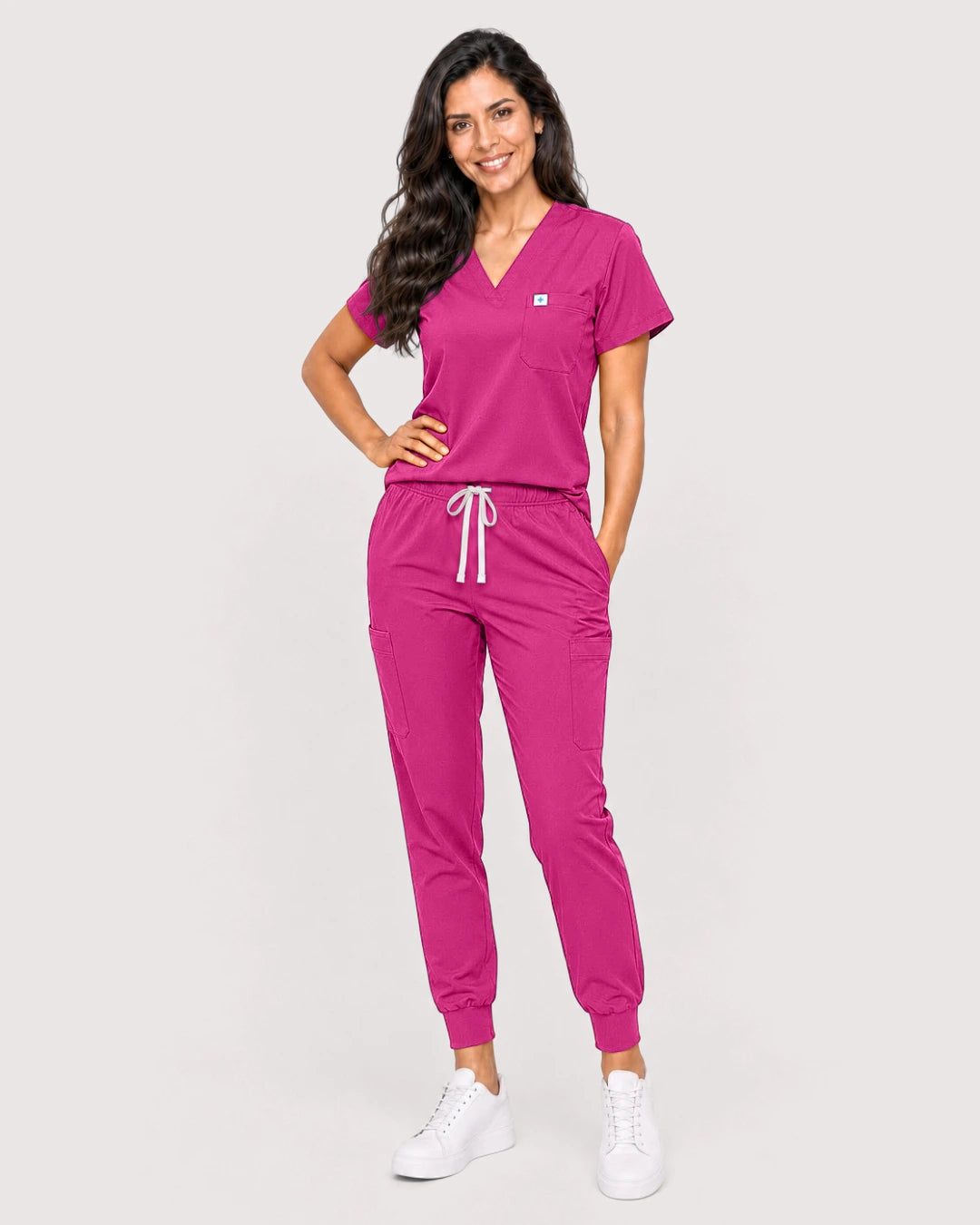 Hot Pink Eipnare Women's Knit V-Neck Jogger Scrub Set - Stretch Medical Scrubs for Women