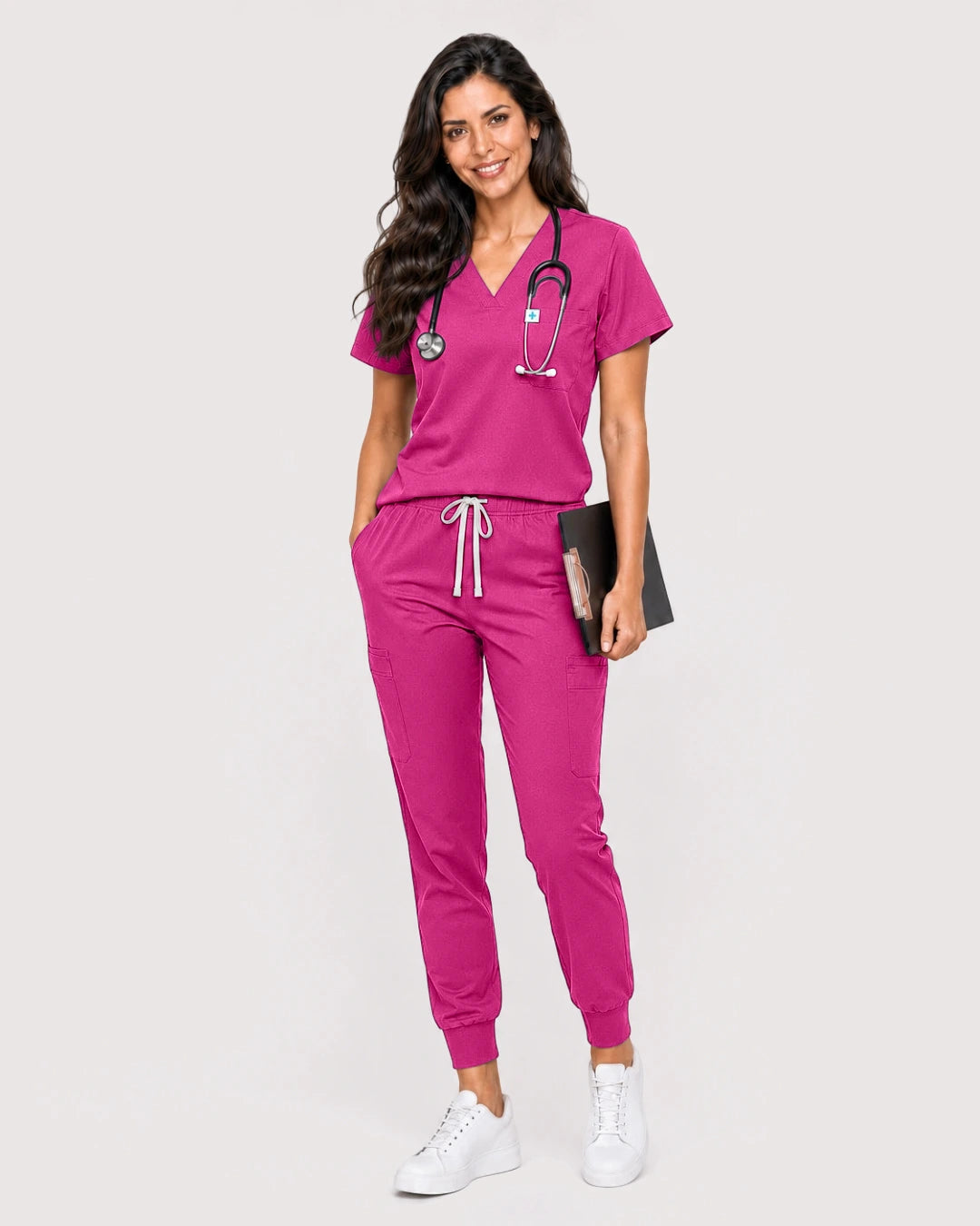 Hot Pink Eipnare Women's Knit V-Neck Jogger Scrub Set - Stretch Medical Scrubs for Women