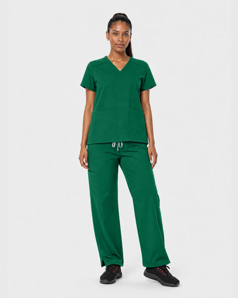 Eipnare Women's Woven V-Neck Straight-Leg Scrub Set - Hunter Green