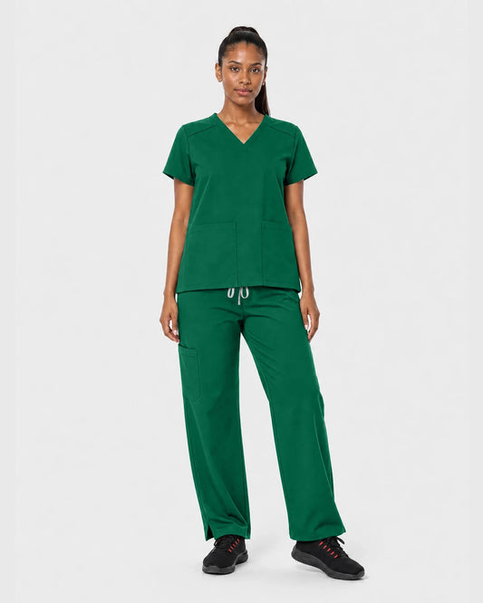 Hunter Green Eipnare Women's Woven V-Neck Straight-Leg Scrub Set - Stretch Medical Scrubs for Women
