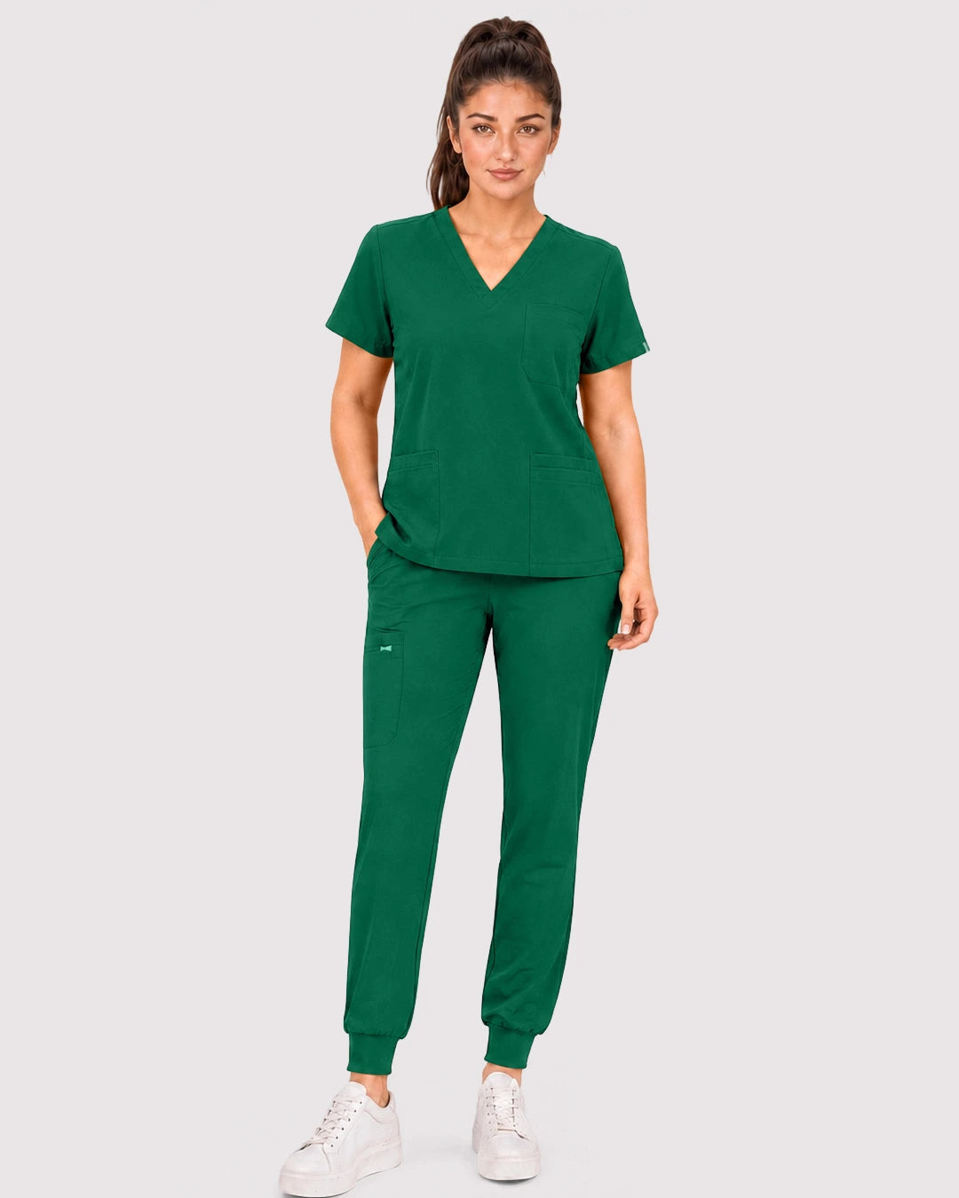 Hunter Green Eipnare Women's 3-Pocket V-Neck Jogger Scrub Set - Stretch Medical Scrubs for Women