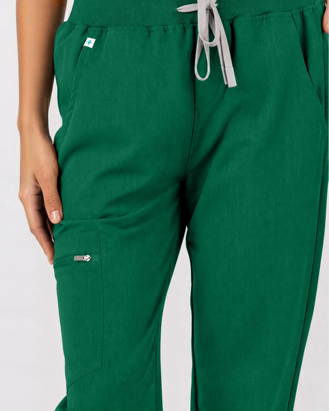 Hunter Green Eipnare Women's 3-Pocket V-Neck Jogger Scrub Set - Stretch Medical Scrubs for Women