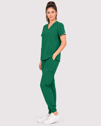 Hunter Green Eipnare Women's 3-Pocket V-Neck Jogger Scrub Set - Stretch Medical Scrubs for Women