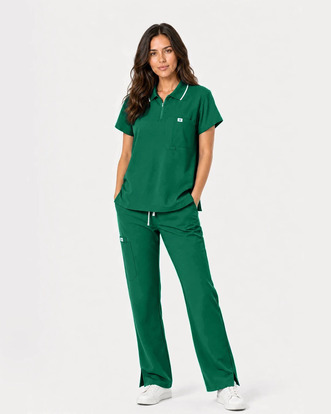 Hunter Green Eipnare Women's Zip Polo Straight-Leg Scrub Set - Stretch Medical Scrubs for Women