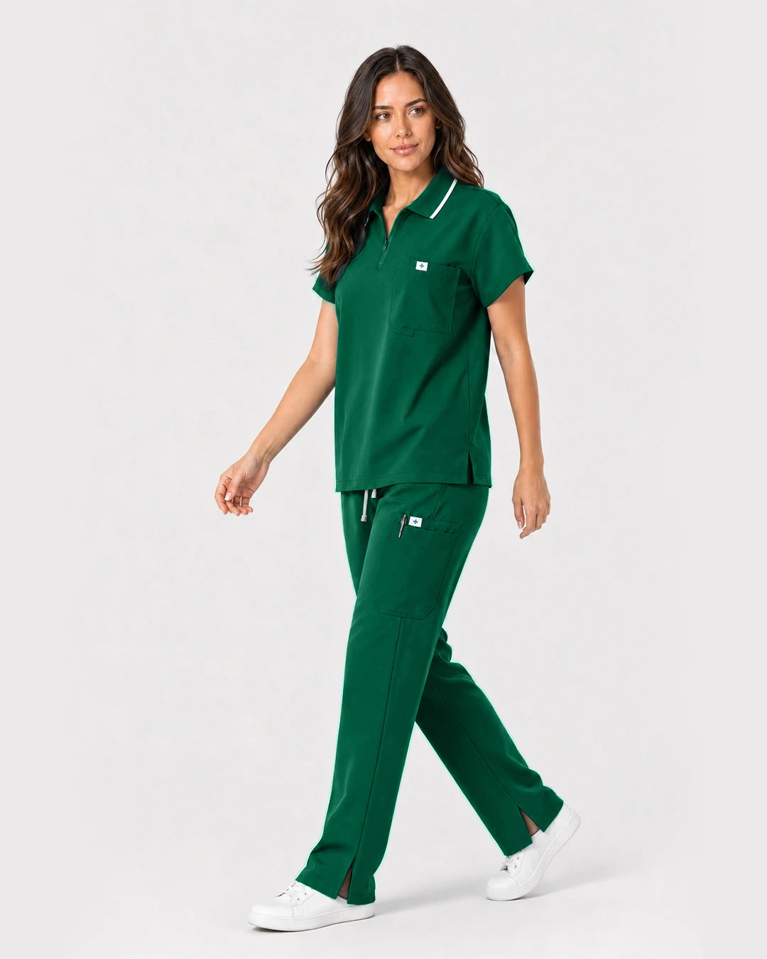 Hunter Green Eipnare Women's Zip Polo Straight-Leg Scrub Set - Stretch Medical Scrubs for Women