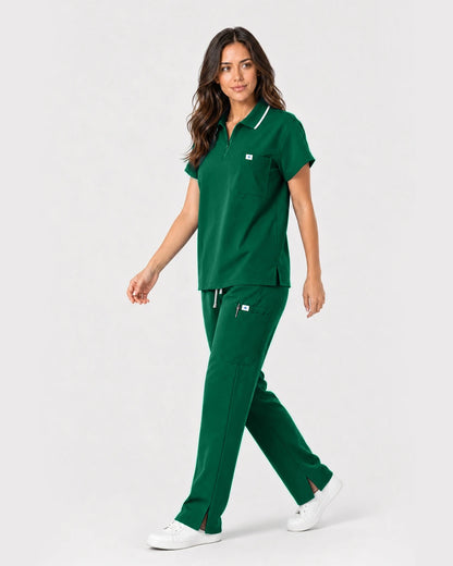 Hunter Green Eipnare Women's Zip Polo Straight-Leg Scrub Set - Stretch Medical Scrubs for Women