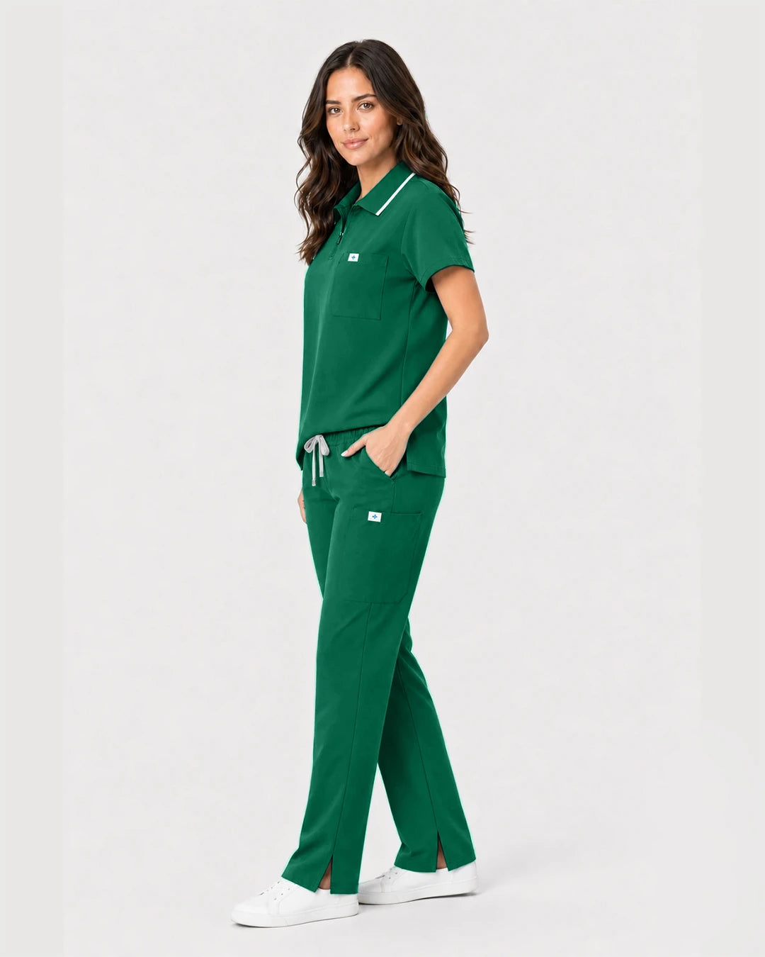 Hunter Green Eipnare Women's Zip Polo Straight-Leg Scrub Set - Stretch Medical Scrubs for Women