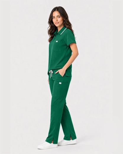 Hunter Green Eipnare Women's Zip Polo Straight-Leg Scrub Set - Stretch Medical Scrubs for Women