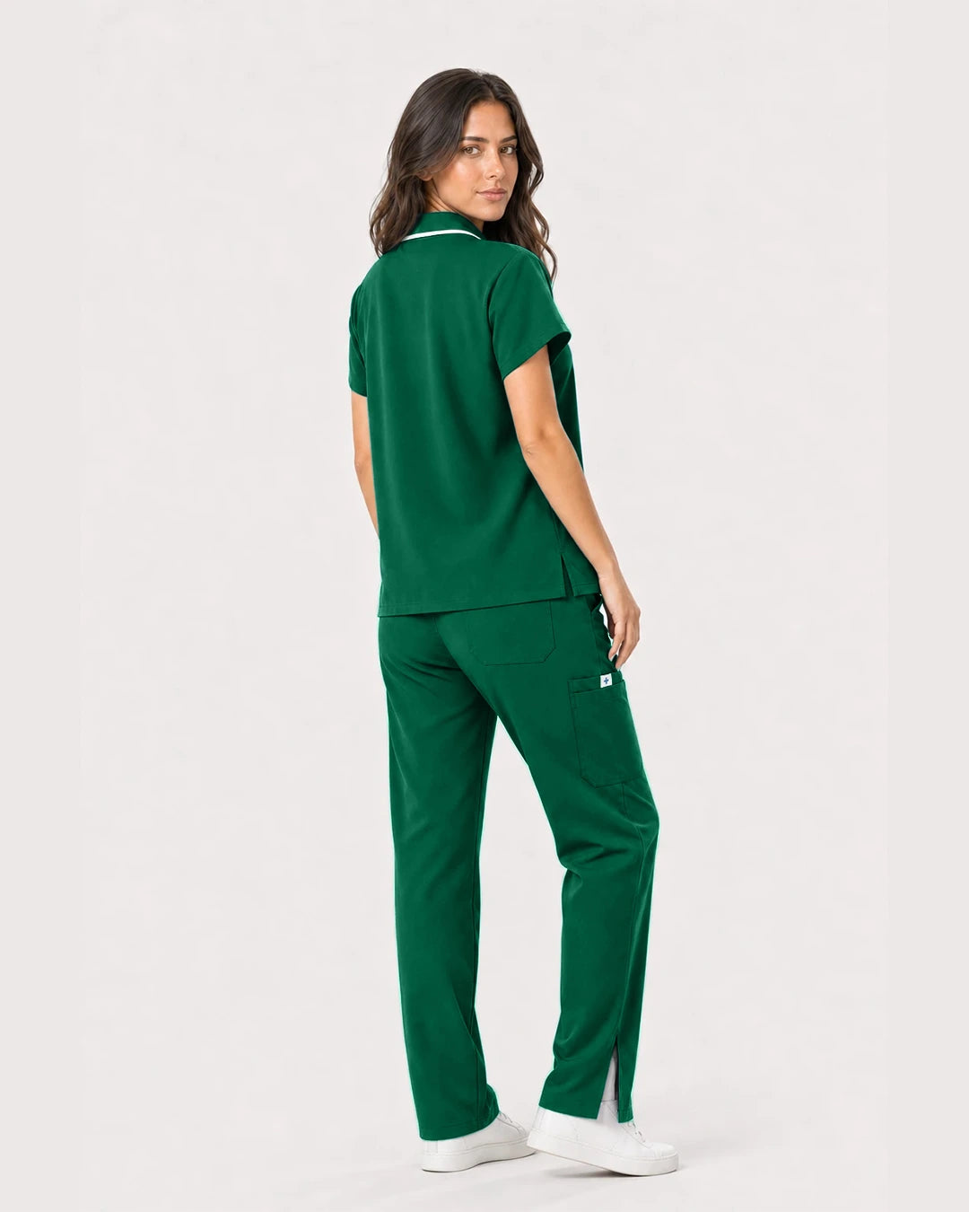 Hunter Green Eipnare Women's Zip Polo Straight-Leg Scrub Set - Stretch Medical Scrubs for Women