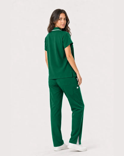 Hunter Green Eipnare Women's Zip Polo Straight-Leg Scrub Set - Stretch Medical Scrubs for Women