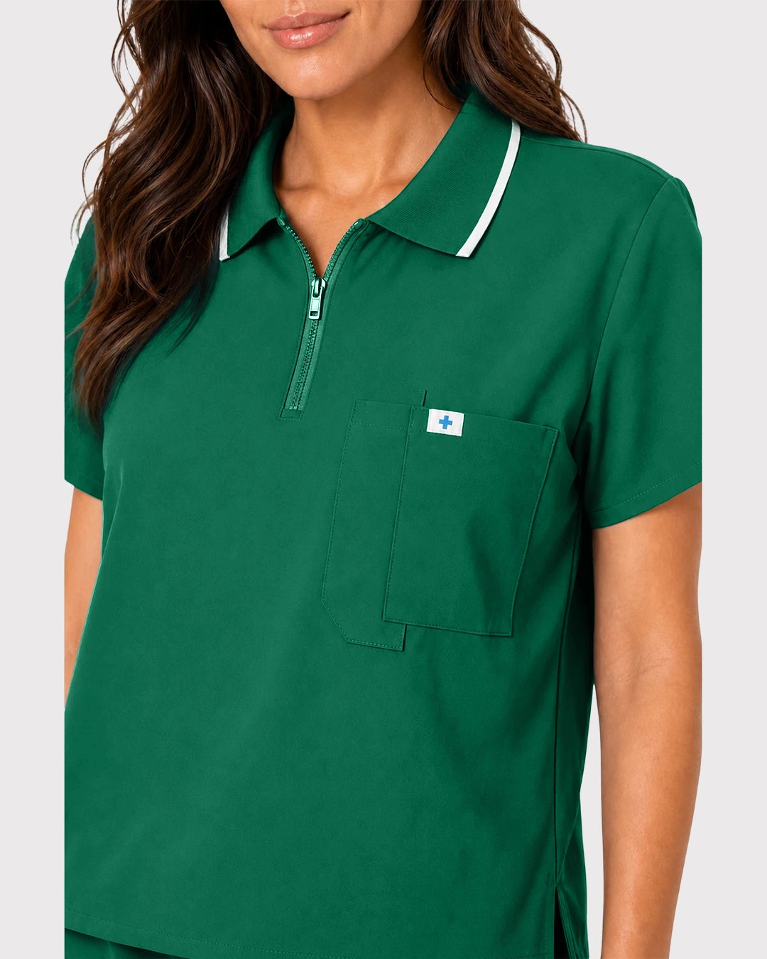 Hunter Green Eipnare Women's Zip Polo Straight-Leg Scrub Set - Stretch Medical Scrubs for Women