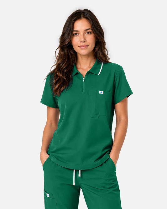 Hunter green Eipnare Women's Polo-Collar Medical Scrub Top - Stretch Medical Scrubs for Women