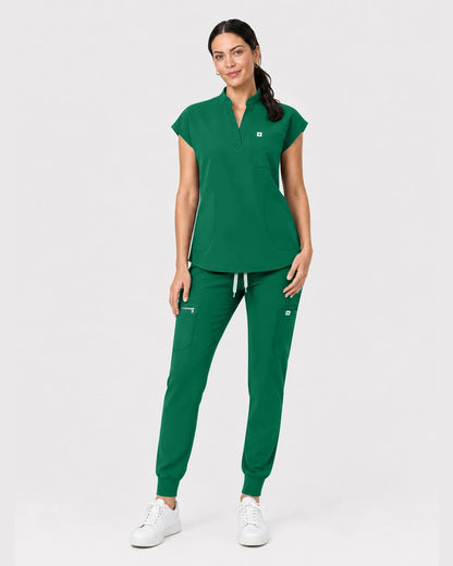 Hunter Green Eipnare Women's Henley Sleeveless Jogger Scrub Set - Stretch Medical Scrubs for Women