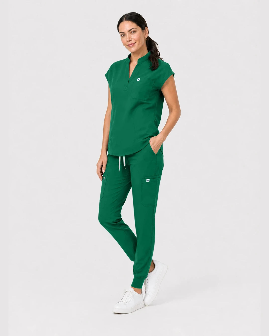 Hunter Green Eipnare Women's Henley Sleeveless Jogger Scrub Set - Stretch Medical Scrubs for Women