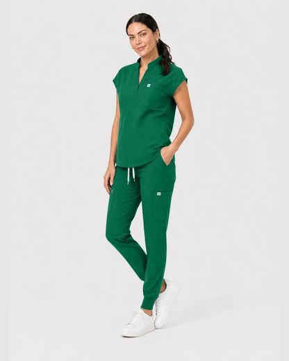 Hunter Green Eipnare Women's Henley Sleeveless Jogger Scrub Set - Stretch Medical Scrubs for Women