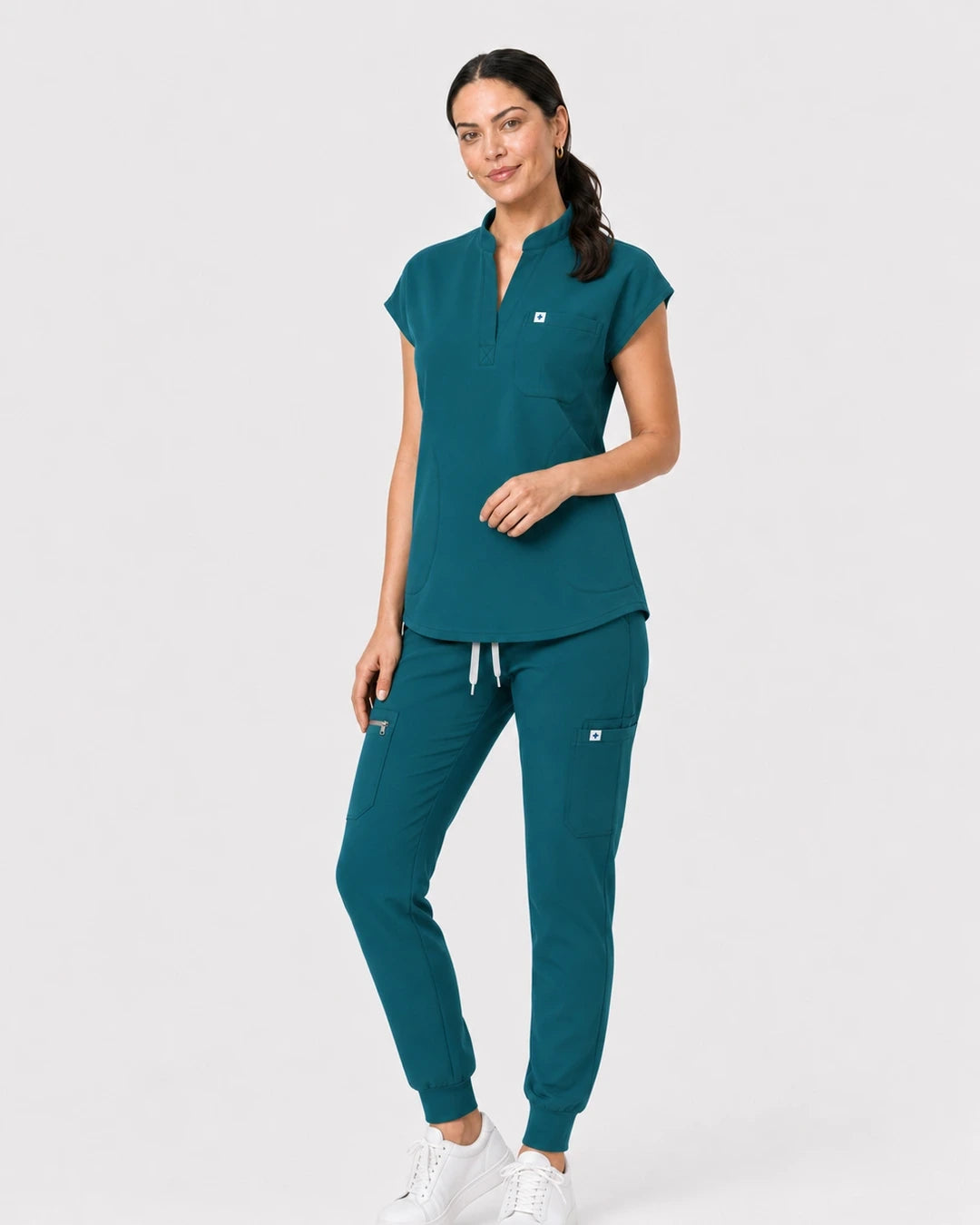 Hunter Green Eipnare Women's 8-Pocket V-Neck Jogger Scrub Set - Stretch Medical Scrubs for Women