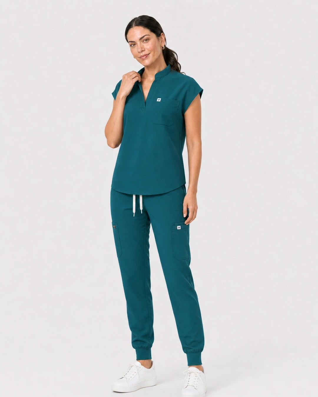 Hunter Green Eipnare Women's 8-Pocket V-Neck Jogger Scrub Set - Stretch Medical Scrubs for Women