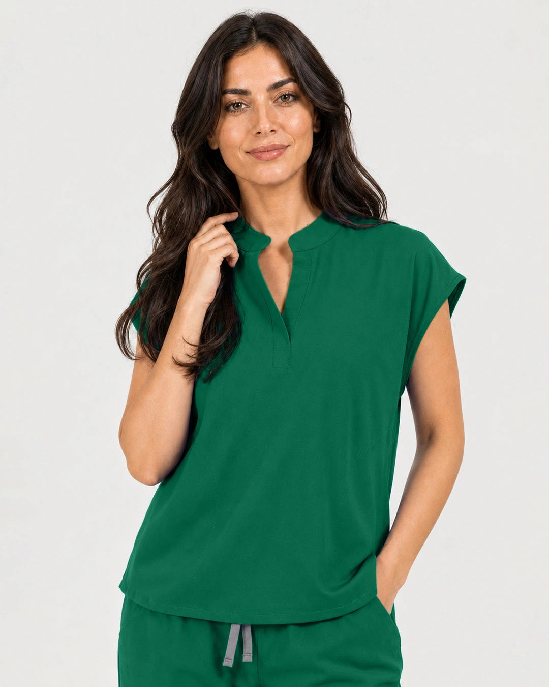 Hunter Green Eipnare Women's Mandarin Sleeveless Straight-Leg Scrub Set - Stretch Medical Scrubs for Women