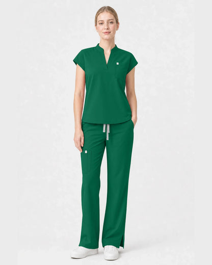 Hunter Green Eipnare Women's Henley Sleeveless Straight-Leg Scrub Set - Stretch Medical Scrubs for Women