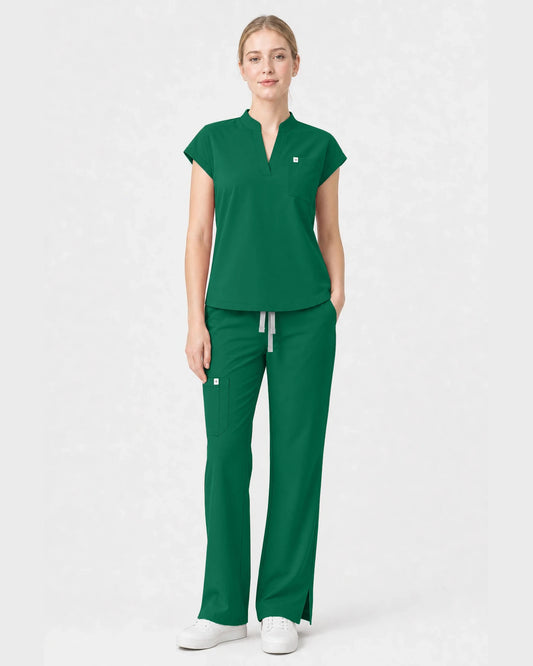 Hunter Green Eipnare Women's Henley Sleeveless Straight-Leg Scrub Set - Stretch Medical Scrubs for Women