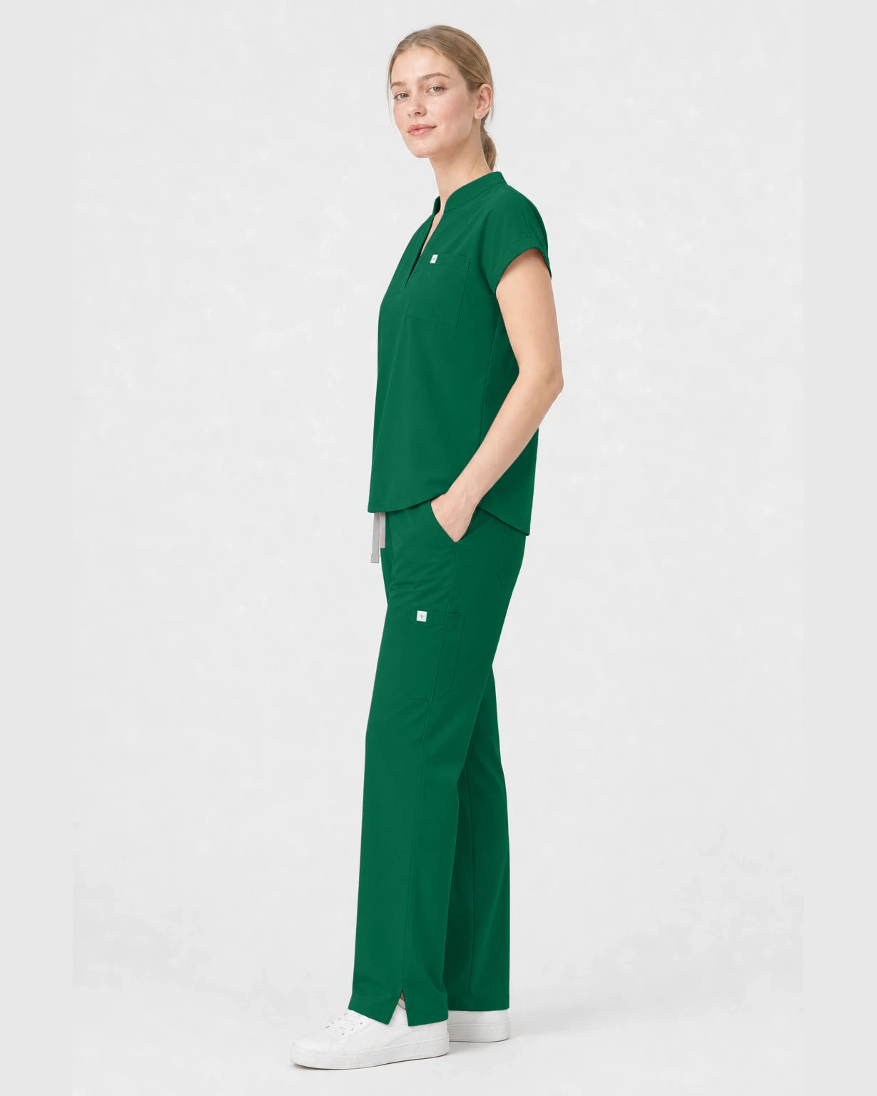 Hunter Green Eipnare Women's Henley Sleeveless Straight-Leg Scrub Set - Stretch Medical Scrubs for Women