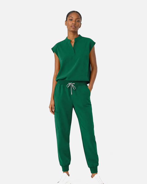 Eipnare Women's Sleeveless Mandarin Collar Jogger Uniform Set - Hunter Green