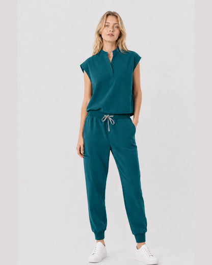 Hunter Green Eipnare Women's Sleeveless Mandarin Collar Jogger Scrub Set - Stretch Medical Scrubs for Women