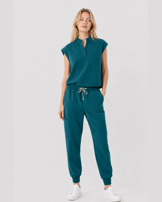 Hunter Green Eipnare Women's Sleeveless Mandarin Collar Jogger Scrub Set - Stretch Medical Scrubs for Women