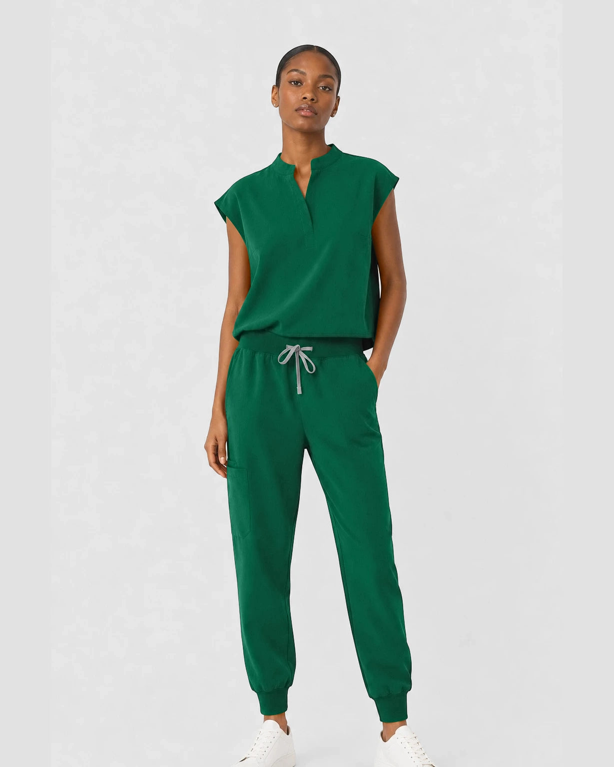 Hunter Green Eipnare Women's Sleeveless Mandarin Collar Jogger Scrub Set - Stretch Medical Scrubs for Women