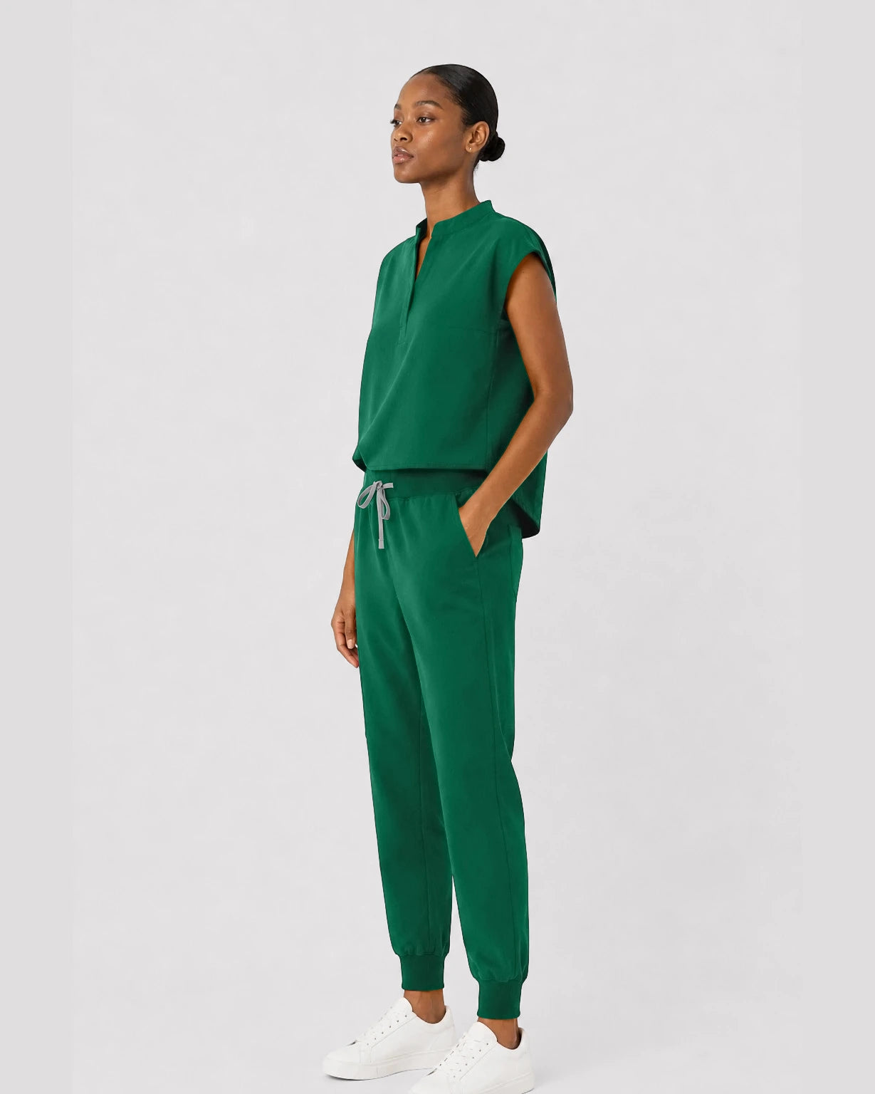 Hunter Green Eipnare Women's Sleeveless Mandarin Collar Jogger Scrub Set - Stretch Medical Scrubs for Women