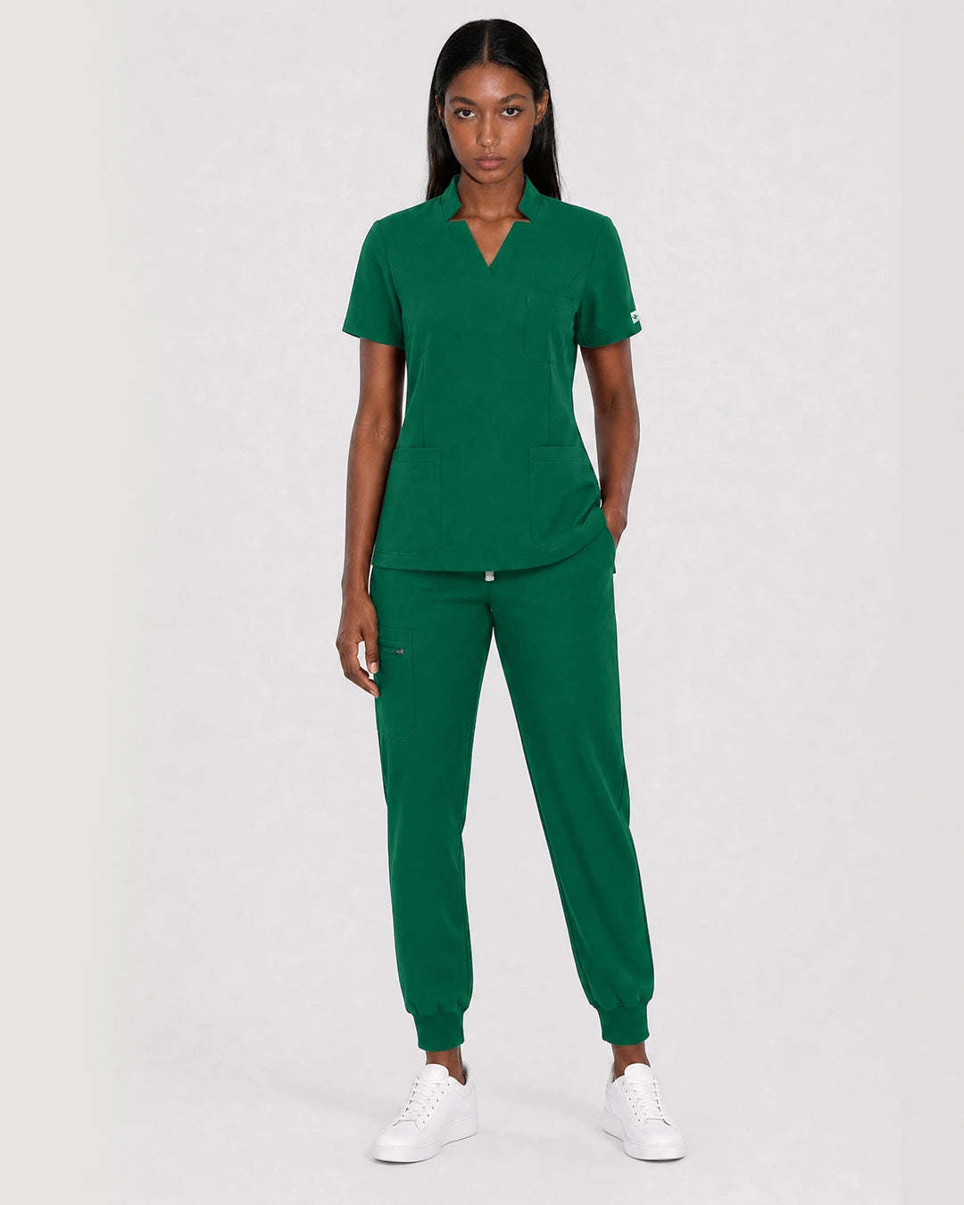Hunter Green Eipnare Women's Split V-Neck Cargo Jogger Scrub Set - Stretch Medical Scrubs for Women