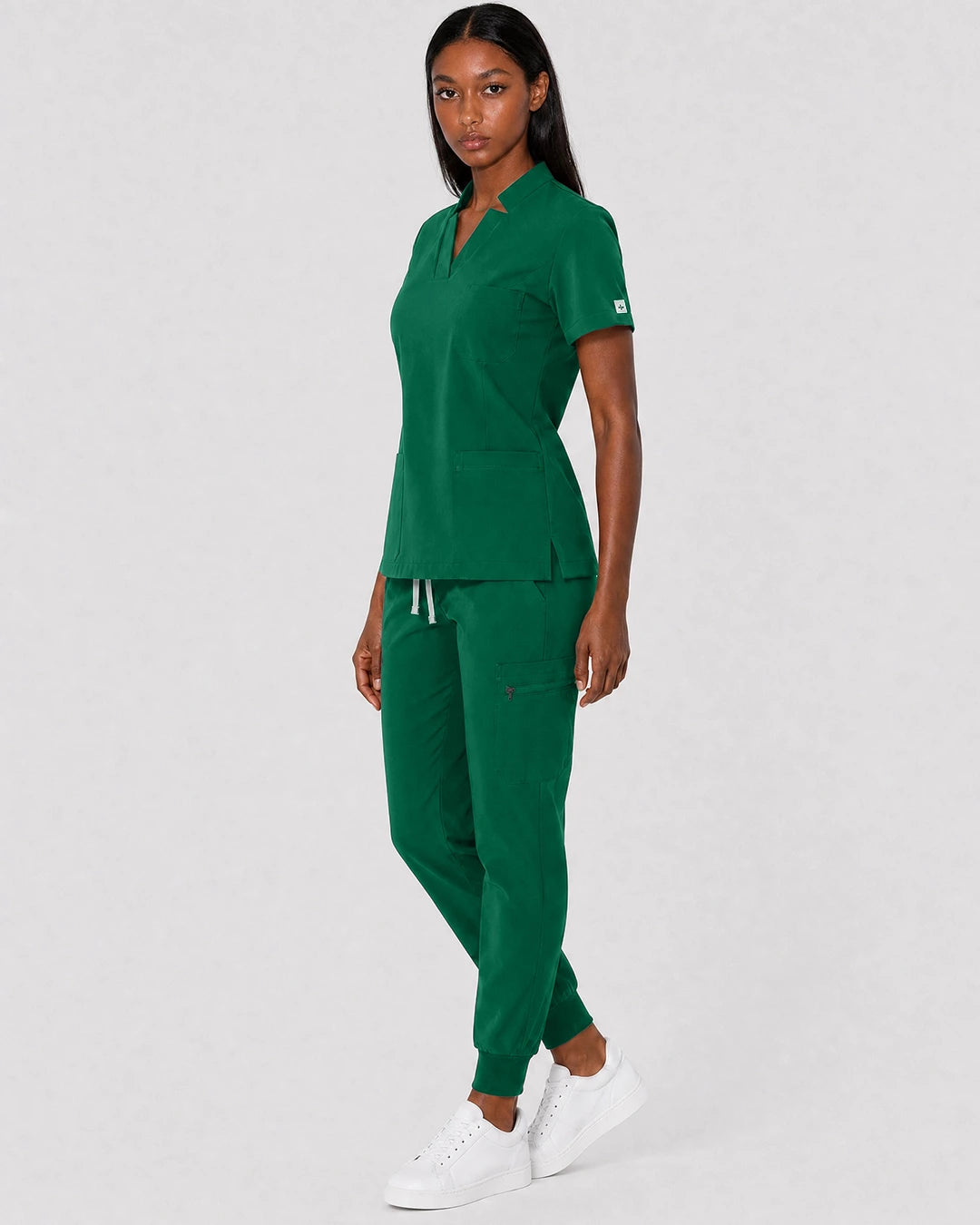 Hunter Green Eipnare Women's Split V-Neck Cargo Jogger Scrub Set - Stretch Medical Scrubs for Women
