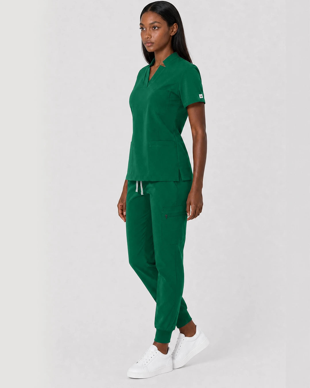 Hunter Green Eipnare Women's Split V-Neck Cargo Jogger Scrub Set - Stretch Medical Scrubs for Women