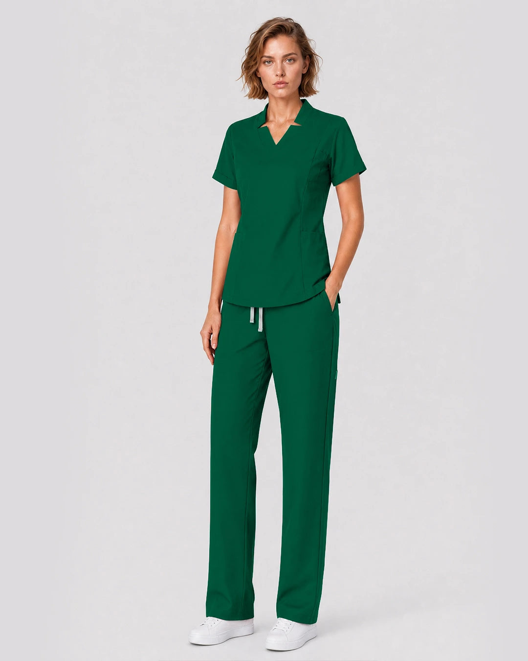 Hunter Green Eipnare Women's Split V-Neck Tapered Scrub Set - Stretch Medical Scrubs for Women