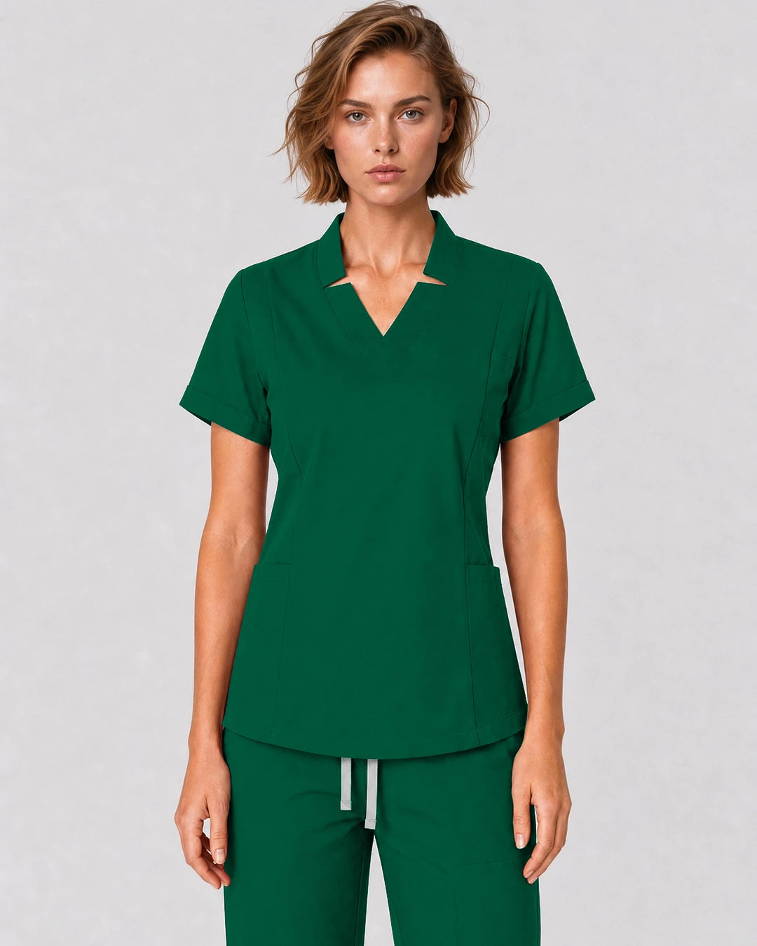 Hunter Green Eipnare Women's Split V-Neck Tapered Scrub Set - Stretch Medical Scrubs for Women