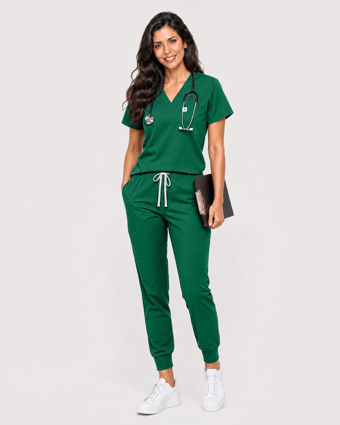 Hunter Green Eipnare Women's Knit V-Neck Jogger Scrub Set - Stretch Medical Scrubs for Women