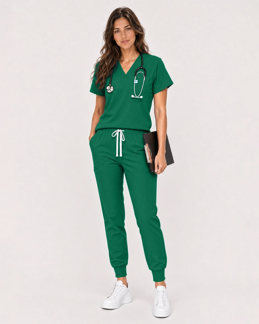 Hunter Green Eipnare Women's Classic V-Neck Jogger Scrub Set - Stretch Medical Scrubs for Women